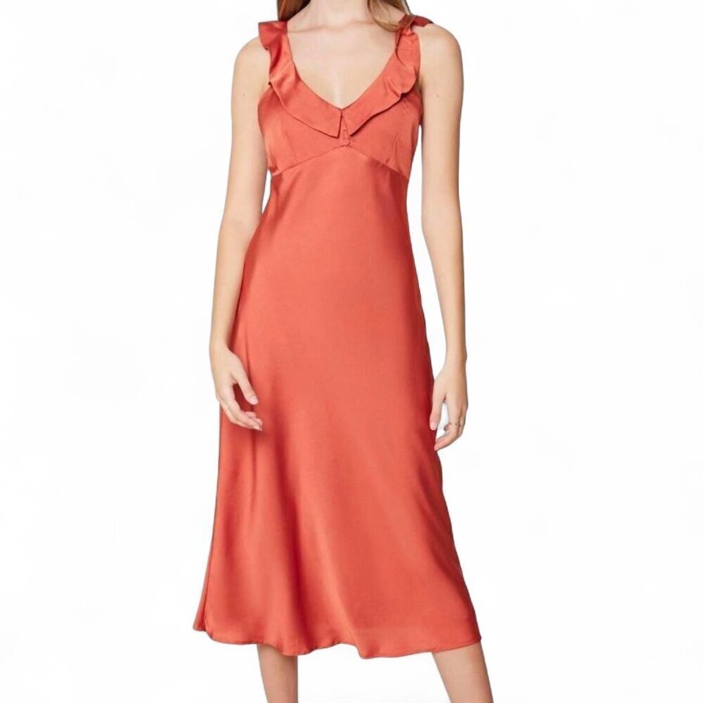 Orange Lost + Wander silky dress with ruching and ruffles #ruffles
